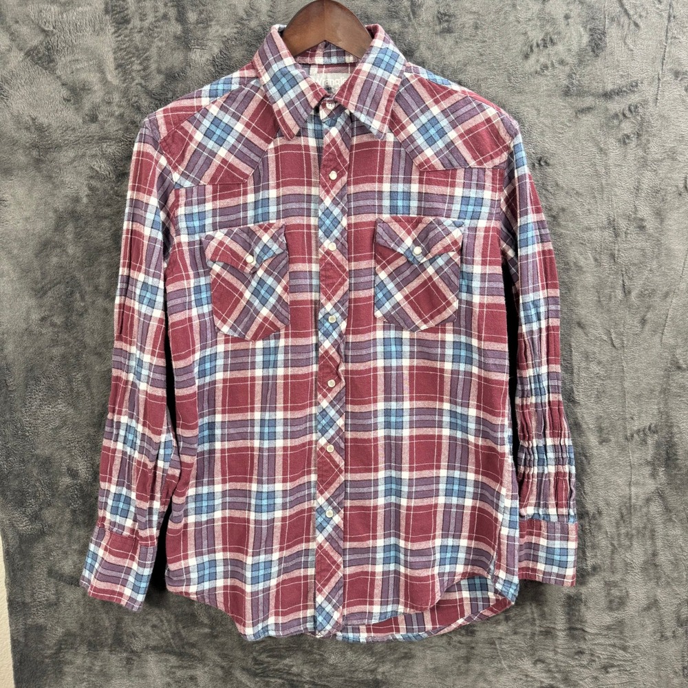 Wrangler Wrancher Mens Plaid Western Pearl Snap Shirt Burgundy Blue Size M